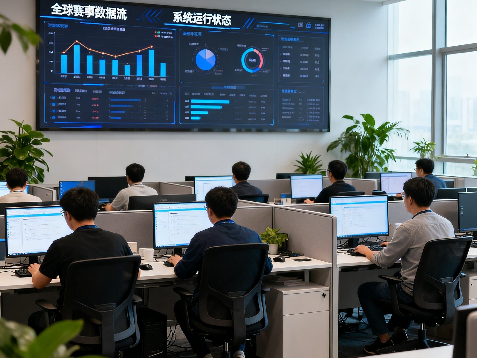 得球体育上海总部办公室实拍，开放式办公区内数十名工程师和数据科学家专注工作，墙上大屏幕实时显示全球赛事数据流和系统运行状态。